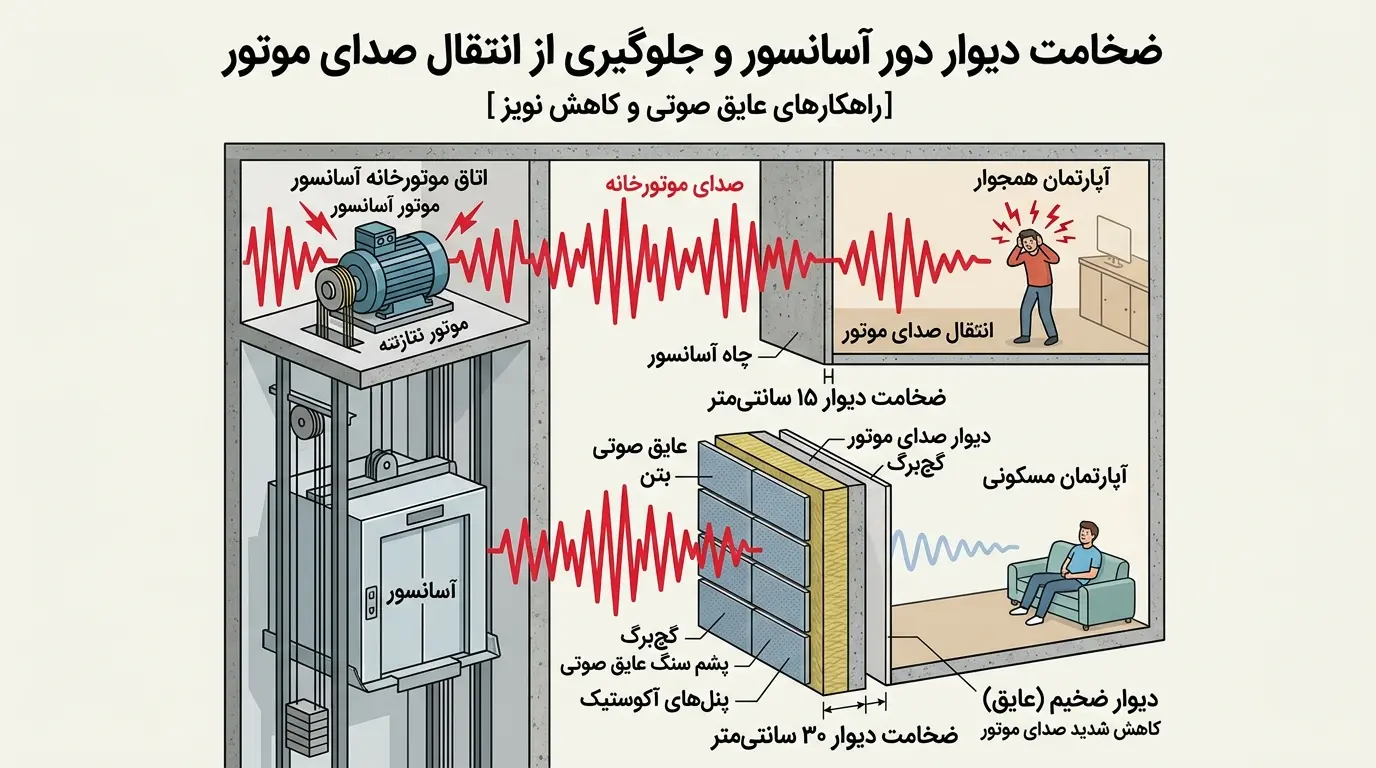 ضخامت دیوار دور آسانسور [جلوگیری از انتقال صدای موتور]